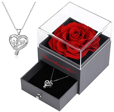 Veroola Konservierte Echte Rose mit Ich Liebe Dich Mama Halskette, Beste Mama der Welt, Perfekte Muttertagsgeschenke,Jahrestag Geburtstag Weihnachten Geschenke für Mama.Rot
