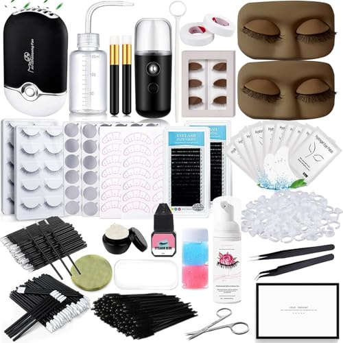 Lash Extension Kit for Beginners Lash Mannequin Head with Replaceable Eyelids False Eyelashes Practice Eyelash Strips Face Mist Tweezers Glue USB Fan Professional Set