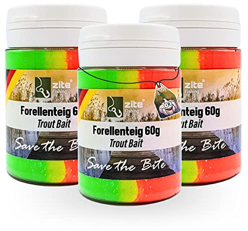 Zite Fishing Forellenteig-Set mit Knoblauch-Aroma 60g – Fängige UV Forellenpaste Schwimmend als Forellenköder – Trout Bait Teigköder in knalligen Neonfarben mit Glitter - 3 Stück (Regenbogen Rot)