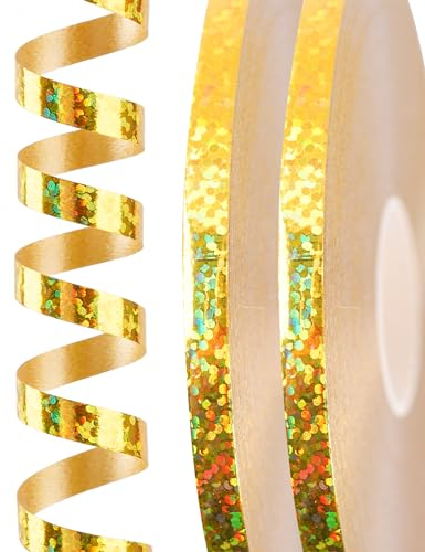 PartyWoo Geschenkband Gold Laser, 120 Meter/ 131 Yard Schleifenband, Ringelband, Glänzendes Ballonband, Dekoband für Ballonverschlüsse, Geschenkverpackung, Basteln, Partydeko (2 Rollen, 60m/ Rolle)