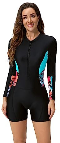 Badeanzug mit Bein Damen Langarm Schwimmanzug mit Shorts Rei?verschluss Einteiler Bauchweg Bademode Sportlich Badebekleidung Surfanzug Strandmode Neopren Shorty Neoprenanzug Swimsuits Schwarz XL