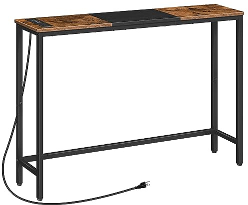 HOOBRO Narrow Console Table with Power Outlets, 44.9 Inches Sofa Table, Slim Behind Couch Table, Entryway Table with Display Shelf, for Living Room, Foyer, Hallway, Rustic Brown and Black BF114UXG01