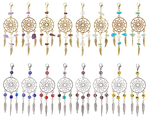 nbeads 16 Stück 2 Stile Traumfänger-Talismane, Auge Lampwork Perlen Traumfänger Edelstein Chip Perlen Anhänger mit Karabiner Klauenverschlüsse für Ohrringe Halskette und Schlüsselanhänger