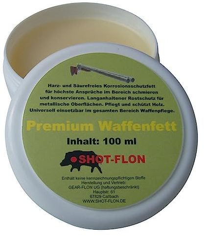 SHOT-FLON Premium Waffenfett 100ml Korrosionsschutz Vaseline und Bienenwachs für komplette Waffe Gewehrschaft Harz und säurefrei