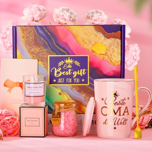 ALBISS Juego de regalo de cumpleaños para abuela, divertido juego de regalo de cumpleaños, taza de café de cerámica de mármol de 400 ml, vela perfumada, sales de baño, juego de baño relajante, mejor