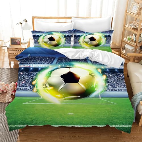 Leleyouzer 3D Fussball Bettwäsche 200×200 cm,Fußball Bettwäsche Set für Jungen Kinder,Weiche Mikrofaser Bettwäsche 3-teiliges Set mit 2 Kopfkissenbezügen 50 x 75 cm (Fussball 1)