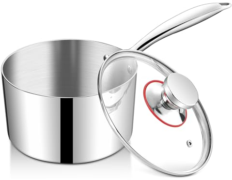 Homikit 16cm Saucepan, Tri-Ply Stainless Steel Milk Pan with Glass Lid, Induction Safe Sauce Pot for Kitchen Cooking, Healthy & Easy Clean - 1.9 L