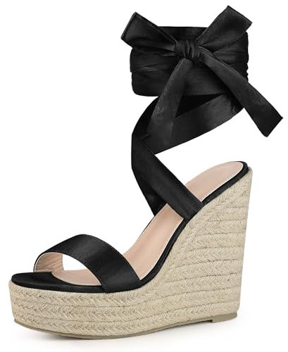 Perphy Alpargatas con plataforma Sandalias de cuña con cordones de satén para mujer Negro 41