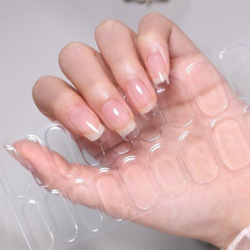 Semi Cured Gel Nail Strips, Clear Gel Nail Stickers with UV Light, 16 Stickers Semi Cured Nail Wraps, Transparent Soft Self-Adhesive Long Lasting UV/LED Gel Nail Strips for Manicure