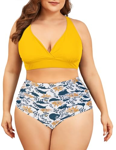 Century Star Bikini Damen Bauchweg Große Brüste Badeanzug V Ausschnitt Bademode Bauchkontrolle Bikini Sets High Waist Gelber Druck XL