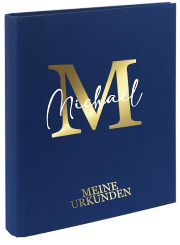 AWASG Urkundenmappe Kinder - Personalisiert mit Namen - Dokumentenmappe Ringbuch für Mädchen Jungen - Zeugnisordner Leinen zum Einsortieren von Urkunden (navy)
