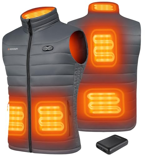 Gokozy Heated Vest for Men with 10000Mah Battery Pack, Heated Gilet Lightweight Heated Jacket and Waterproof Vest for Hunting/Hiking-Grey