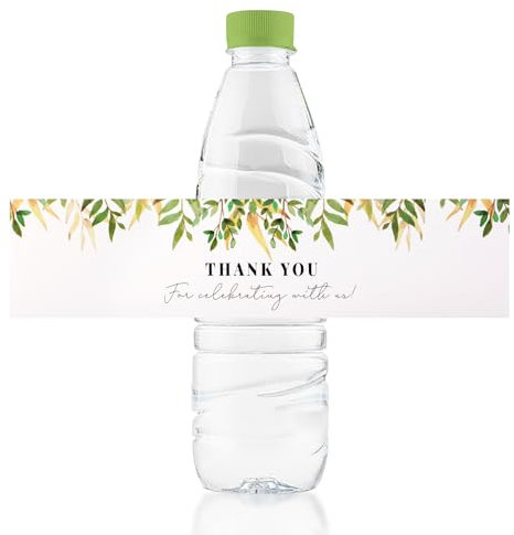 URROMA Wedding Water Bottle Labels Thank You, 100 Pcs Greenery Water Bottle Wraps Bay Leaf Wraparound Labels Water Bottle Stickers for Birthday Bride Shower