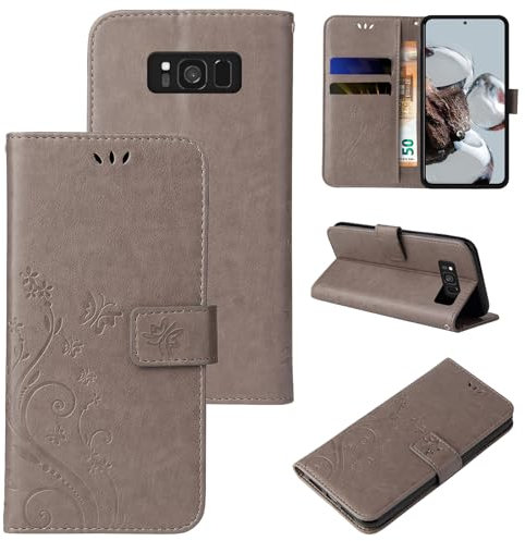 LBH Handy Hülle für Samsung Galaxy S8 Case Handytasche Schmetterling Blumen Flower Standfunktion Schutzhülle Magnet Rundum Schutz 360 Grad Flipcase Cover Grau