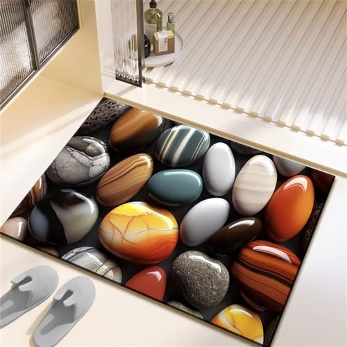 Hixingo Badematte rutschfeste 3D Bunte Kieselsteine Badvorleger Saugfähige Kieselgur Bodenmatte Schnelltrocknende Badezimmerteppich Waschbar für Dusche, Badewannen, Küche (60x90cm,Stil J)