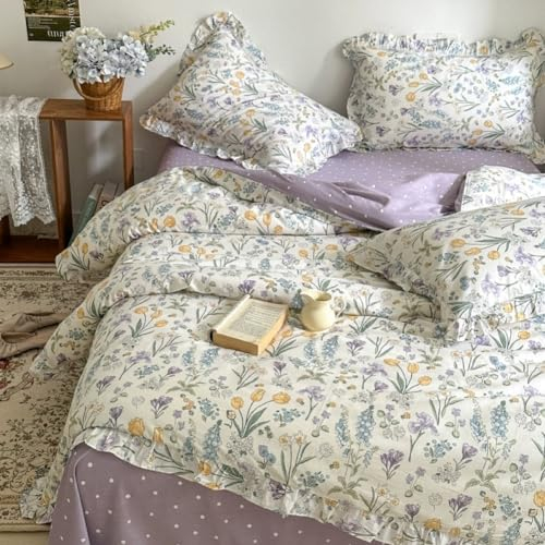 Nayoroom Bettwäsche 200x200 Baumwolle Weiss Lila Blumen Pflanzen Punkte Wendebettwäsche mit Rüschen Aesthetic Blüten Bettbezug mit Reißverschluss und 2 Kissenbezüge 80x80 cm