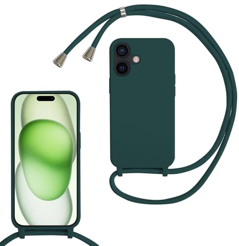 MBSLFY Silikon Handykette für iPhone 16 Plus Hülle mit Band,Silikon Necklace Handyhülle mit Abnehmbar Kordel zum Umhängen Stossfest Bumper Handy Schutzhülle für iPhone 16 Plus, Dunkel grün