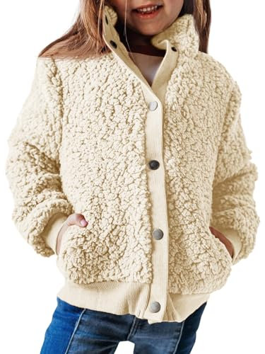 Haloumoning Giacca da ragazza a maniche lunghe Sherpa Teddy cappotto in pile per bambini giacca calda con tasche bottoni, beige., 5-6 Anni