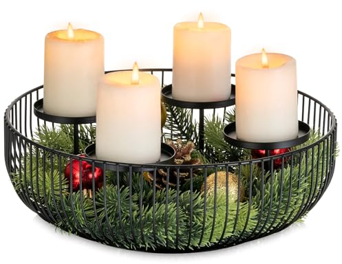 Sziqiqi Adventskranz Modern Metall Adventsgesteck: Schwarz Adventkranz Gestell Adventskerzenhalter Schale für 4 Stumpenkerzen - Kerzenständer Adventskranz Rund Tisch Kranz für Advent Weihnachtsdeko