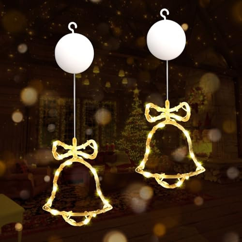 Gresonic LED Kleine Glocke Weihnachtsbeleuchtung 2 Stück, LED Lichtervorhang Warmweiß Batteriebetriebene mit Saugnäpfe, Fenster Lichterkette Innen für Weihnachten Deko, Balkon, Party, Hochzeit,Fest