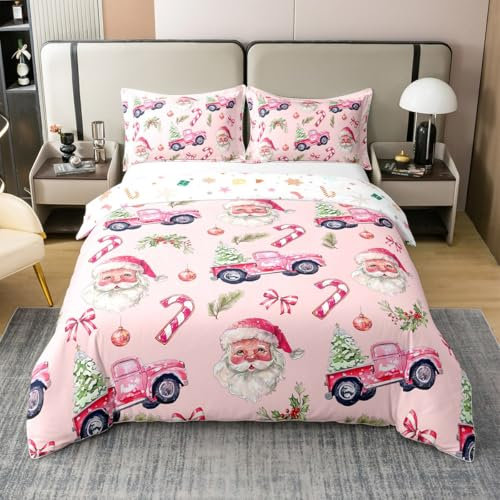 Noël Rose 100% Coton Bio 140x200 Housse de Couette,Père Noël Literie,Bonbons de Vigne Houx Linge de Lit,Dessin Animé Thème de Noël Réversible Arbre de Noël Simple Couvre Lit pour Filles d'enfants