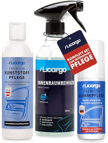 Licargo Auto Pflege Set Komplett – Innenraumreiniger (500ml), Gummipflege Stift (75ml) & Kunststoffpflege (250ml) – Porentiefe Reinigung und Pflege für Innenraum, Cockpit, Polster, Leder & Kunststoff