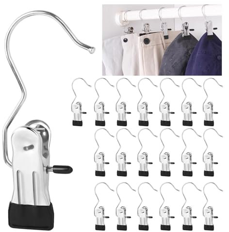 20 Piezas Gancho Colgante De Lavandería De Acero Inoxidable, Metal Ganchos con Clips Antideslizantes Negros, 360° Perchas Clip para Colgar, Ganchos Pinza para Toallas, Pantalones, Zapatos