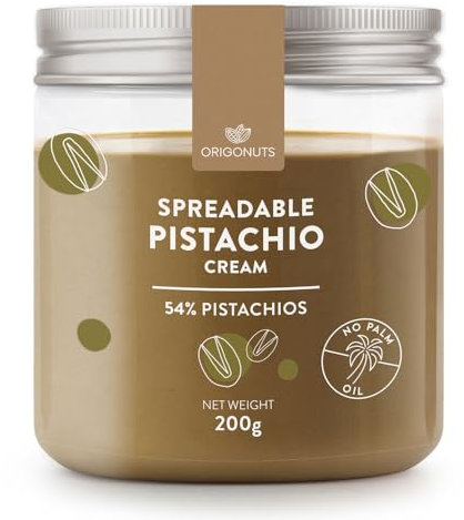 ORIGONUTS Crema de Pistacho para Untar 200 g – 54% Pistachos – Sin Aceite de Palma – Sin Gluten – Ideal para Repostería Cheesecake Donuts Croissants Chocolate de Dubái