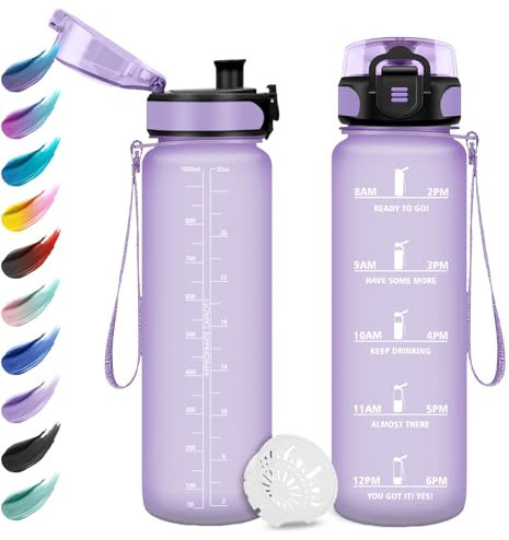 Trinkflasche 1L, Wasserflasche Sport mit Filte, Auslaufsicher Trinkflasche Kohlensäure Geeignet, Motivierende Trinkflasche mit Zeitmarkierung, Sportflasche für Yoga, Schule, Camping, Fahrrad, Büro