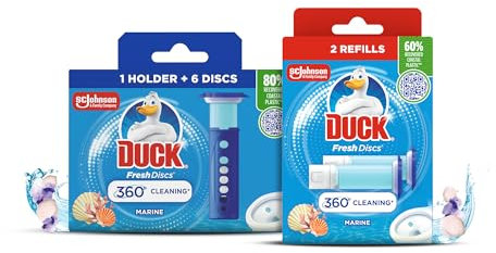 Duck Fresh Discs Toilet Cleaner Starter Kits, Fights Stains That Harbour Germs, Prevents Limescale Build Up, Marine, Starter Kit (1 Holder + 3 Refill Tubes)