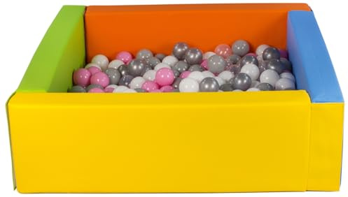Velinda Bällebad Bällepool Bällebecken Spielbecken Kinderpool quadratisch 200 Bälle (Farbe des Pools/der Bälle: gelb, grün, blau, orange/weiß, transparent, rosa, grau, silberfarben)