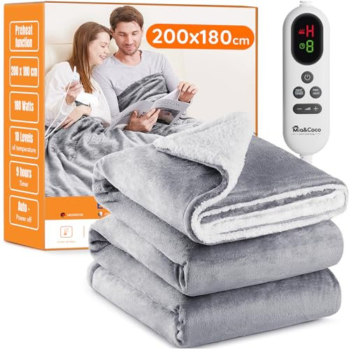 Mia&Coco Electric Heated Blanket Super King 180×200cm, Flannel Fleece Throw, 10 Heat Levels 25–53°C, 1–9H Auto-Off Timer Fast Heating, LED Controller, Overheat Protect, Machine Washable, UK Plug Grey