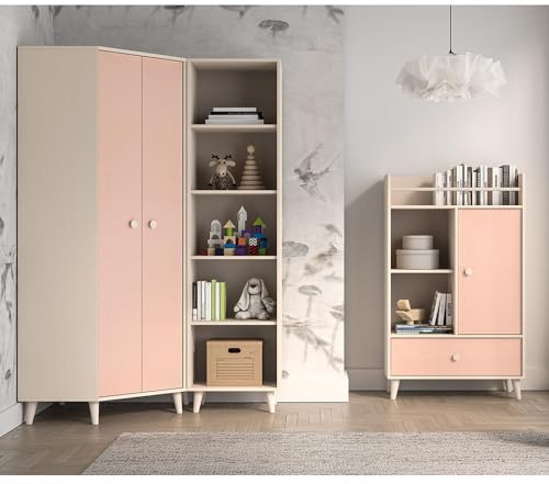 Lomadox Kinderzimmer Set 3-teilig in Sandbeige mit rosa Eckschrank Kleiderschrank Bücherregal offen Softclose fühlbare Holzstruktur