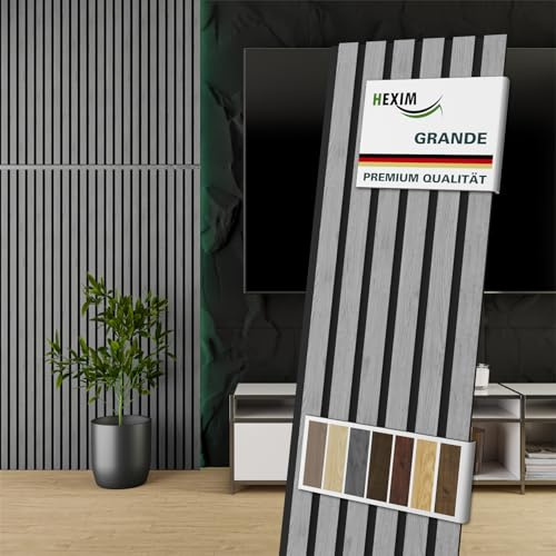 HEXIM Akustikpaneele 8 Stück 140x30cm Holz Grande - Wandpaneele Platten Lamellen Holzpaneele Echtholzfurnier 21mm Filz Schalldämmung MDF Grau (3,35m² Grey Oak)