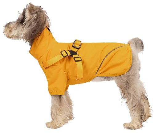Hunderegenmantel mit Reißverschluss, wasserdichte reflektierende Regenjacke für Welpen, Regenmantel mit Geschirr für kleine und mittlere Hunde (Gelb, XL)