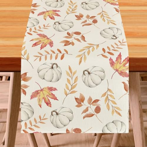 Herbstlicher Läufer von PPGGOPP, Ahornblatt/Kürbis/Blume Muster, Modernes Design, Leinen Material, 33 x 183 cm Größe, B Farbe