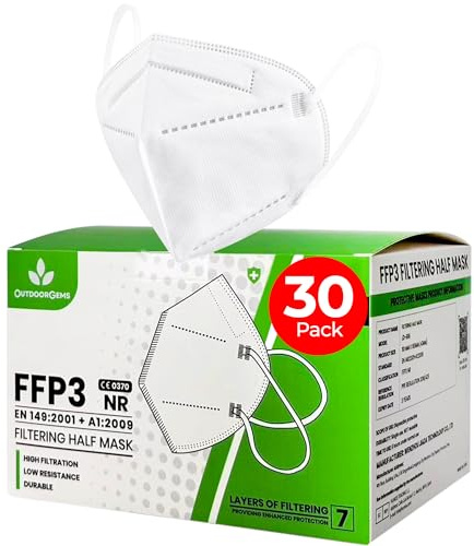 OutdoorGems FFP3 Face Masks - Pack of 30 – UK Certified EN149:2001+A1:2009, 7-Layer Disposable Respirator Safety Masks ≥99% Filtration, Individually Wrapped, Dust Protection for Work & Construction