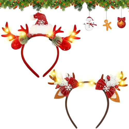 Lot de 2 serre-têtes de Noël en forme de bois de cerf de Noël - Serre-tête de Noël lumineux avec LED - Serre-tête de Noël pour Noël, vacances, fête