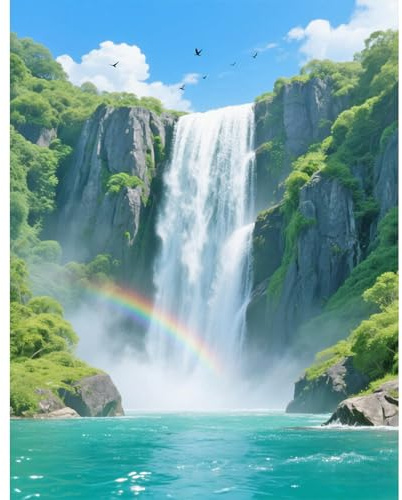TDFERAN Square Drill Diamond Painting Cascade 40x50cm Peinture Diamant Carré Paysage Montagne Broderie Diamant Paysage Grand Format Arc-en-ciel Tableau Peinture Diamant Cascade Arbre de Vie