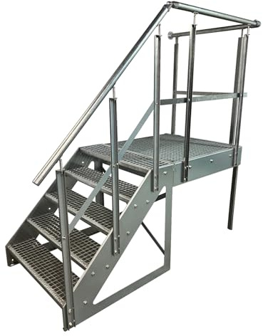 Stahltreppe Freistehend 5 Stufen Höhe 95 cm inklusive Podest 100x100cm mit oder ohne Geländer komplett verzinkt (Treppe Links)