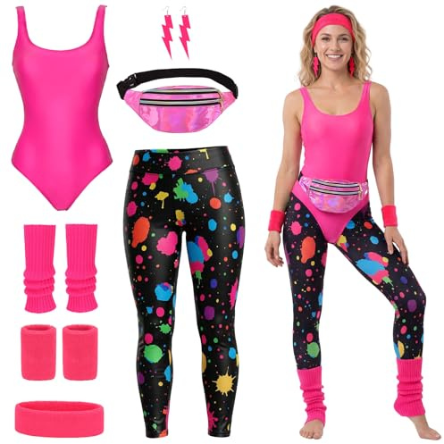 QYCHHJ 80s Fancy Dress for women 80s Costume Outfits 90s Retro Accessories Set for Girls 1980s Workout Costume for Women Fancy Dress Party Kits Adult Aerobics Outfit Yoga Jumpsuit (XL)