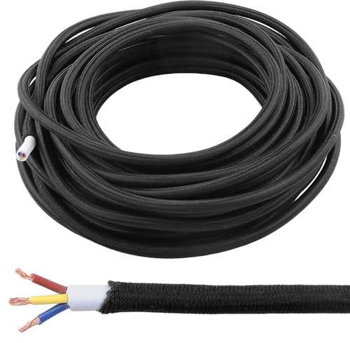 LongZYU 10M Textilkabel, Textilkabel 3 Adrig Lampenkabel 3 x0.75mm² Schwarz | Stromkabel, Stoffkabel Pendelleitung, Stromkabel 3x0.75mm² Flexibel für Kronleuchter Wandlampen Lampenschirme und DIY
