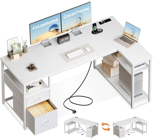 Coleshome Bureau d'angle avec Tiroirs en Tissu, 160x80cm, Blanc | Bureau en L Réversible avec étagère réglable, tiroirs tissu et prises USB pour créer un espace gaming ou bureau organisé.