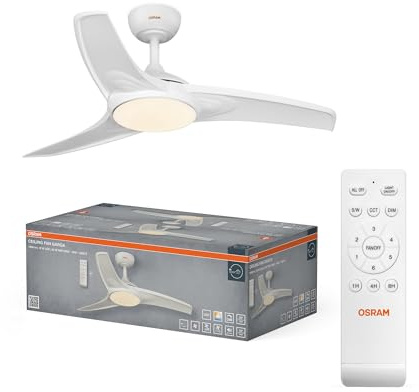 Osram LED-Deckenventilator Garoa 1065mm, 40 W, CCT 3000/4000/6500 K, 1100 lm, 115° Abstrahlwinkel, 50.000 h Lebensdauer, DC Motor, 6 Stufen, Timer, Fernbedienung.