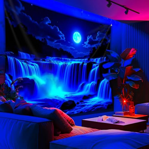 Arsey Schwarzlicht Wandteppich Wasserfall-Motiv, Mond Wandbehang Stoff, Aesthetic Wandtuch Deko für Wohnzimmer Schlafzimmer, Blau, 320 x 240 cm