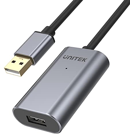 UNITEK 20 M USB 2.0 Verlängerungskabel Aktiv mit Signalverstärker | USB A-Stecker auf USB A-Buchse | USB Repeater | Doppelt geschirmt I LED-Licht | mögliche zusätzliche Stromversorgung | Aluminium