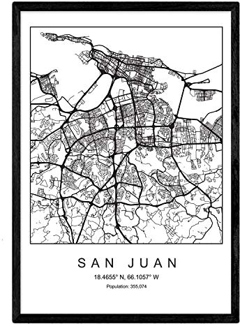 Nacnic Drucken Stadtplan San Juan skandinavischen Stil in Schwarz und Weiß. A3 Größe Plakat Das bedruckte Papier Keine 250 gr. Gemälde, Drucke und Poster für Wohnzimmer und Schlafzimmer