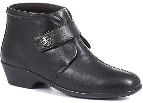 Pavers Ladies Leather Ankle Boots in Black - Touch-Fasten Strap with Mock Button Detail - Wide Fit - Soft-Cushioned Insole - Size UK 7 / EU 40