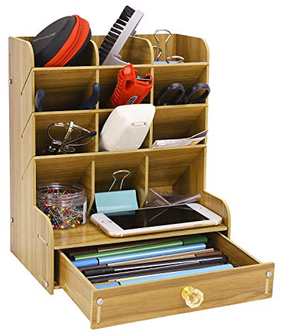 RUIXIB Schreibtischorganizer Aufbewahrungsregal Stift fass Aufbewahrungsbox aus Holz, Große Kapazität Multifunktionale Tisch Organizer mit Schubladen für Stift, Notizen, Taschenrechner
