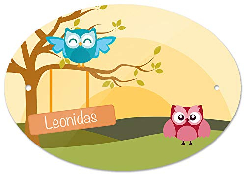 Türschild mit Namen Leonidas und Eulen-Motiv | Kinderzimmer-Schild